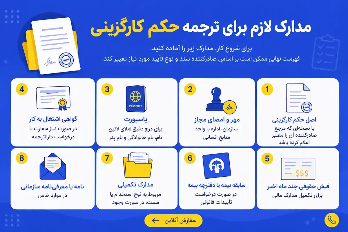 مدارک لازم برای ترجمه حکم کارگزینی
